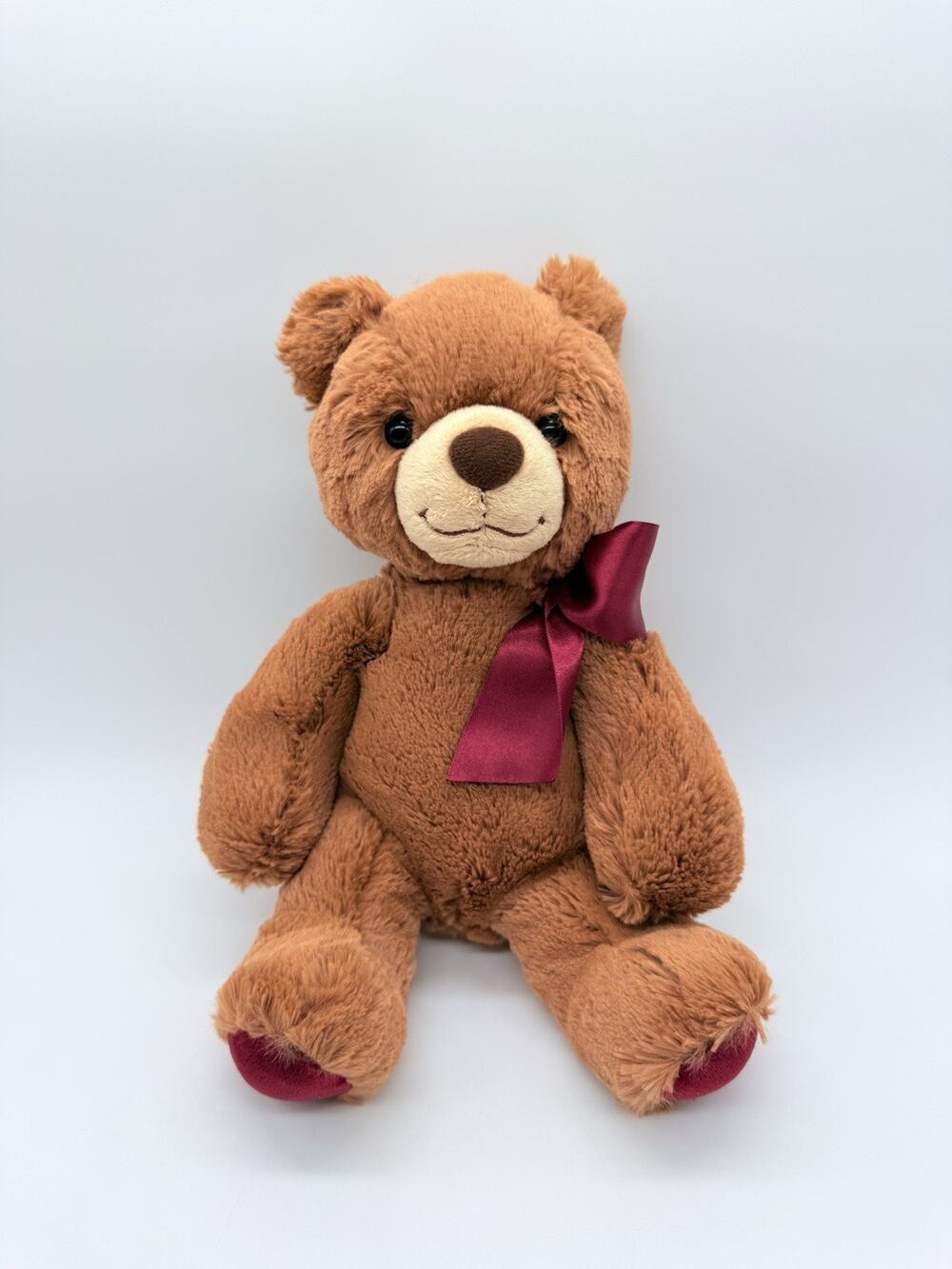 Aurora Luxe Latham Brown Teddy Bear Burgundy Satin Bow Silky Plush Stuffed Toy